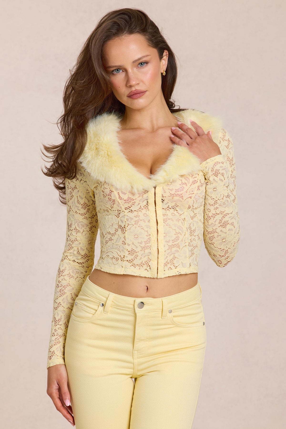 Chic Lace Faux-Fur-Trim Cardigan in Lemon Yellow