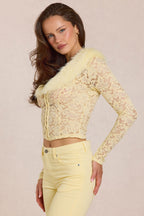 Chic Lace Faux-Fur-Trim Cardigan in Lemon Yellow