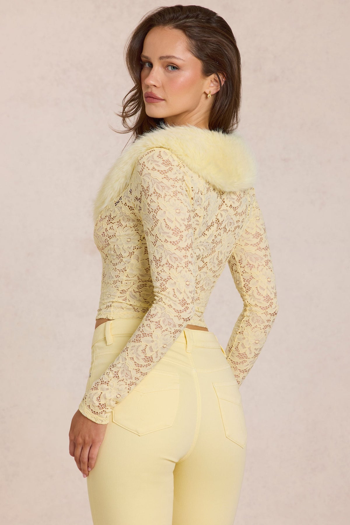 Chic Lace Faux-Fur-Trim Cardigan in Lemon Yellow