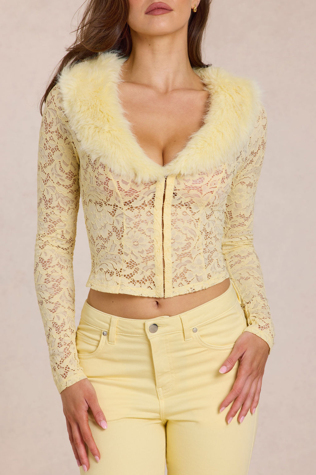 Chic Lace Faux-Fur-Trim Cardigan in Lemon Yellow