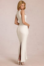 Chic Square-Neck Tie-Gather Maxi Dress in Pearl