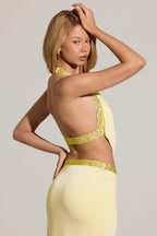 Chic Embellished Deep Plunge Halterneck Top in Lemon Yellow