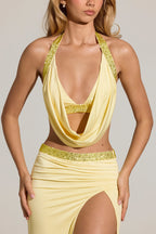 Chic Embellished Deep Plunge Halterneck Top in Lemon Yellow