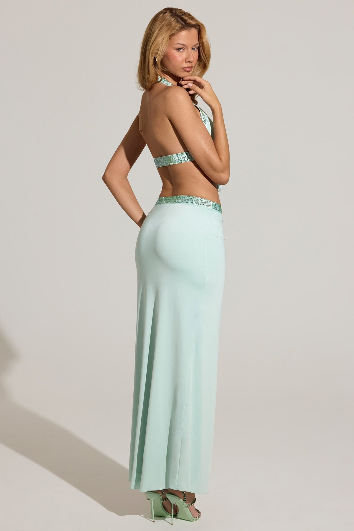Chic Embellished Low-Rise Maxi Skirt in Aqua Blue