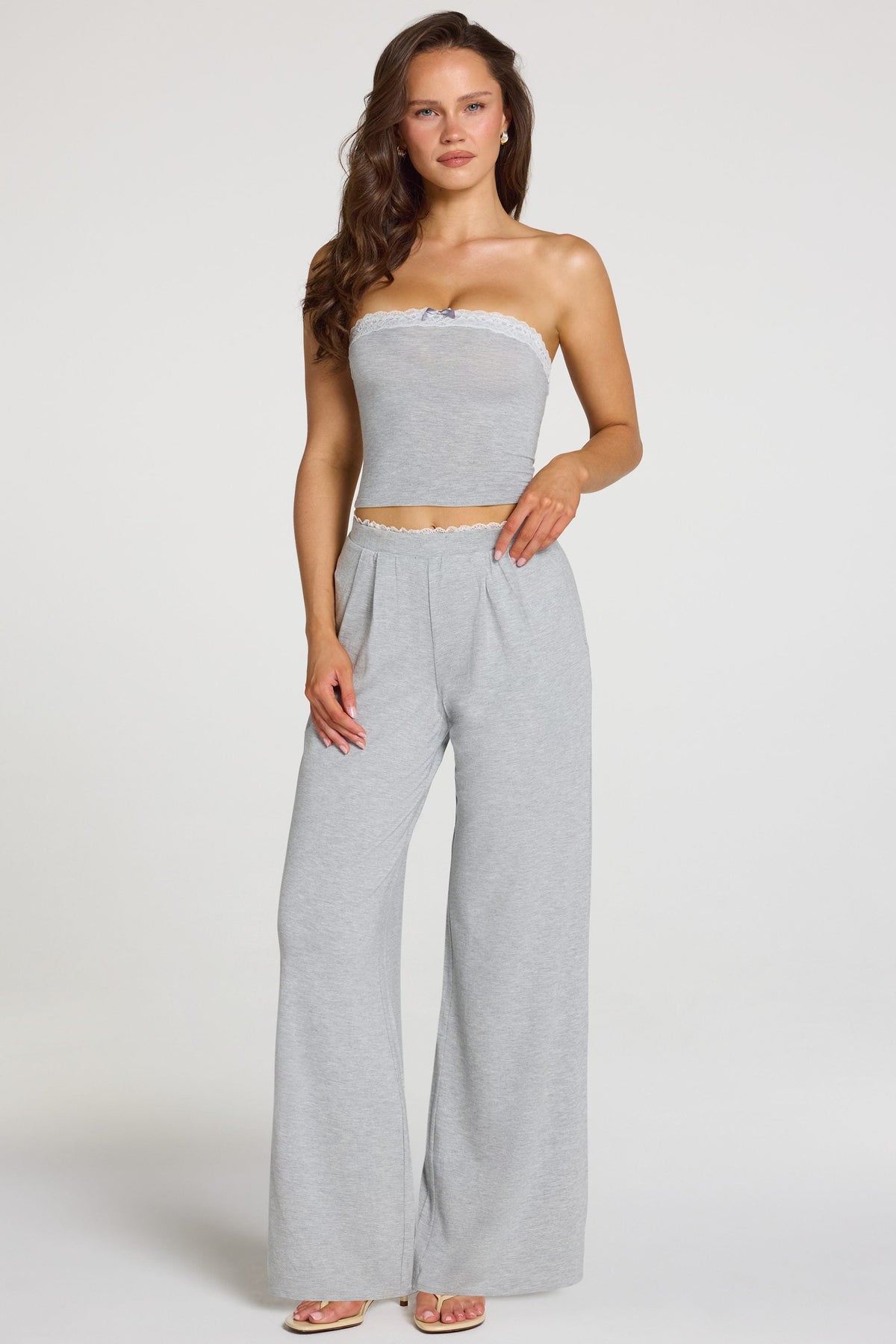 Chic Modal Mid-Rise Wide-Leg Trousers in Grey Marl