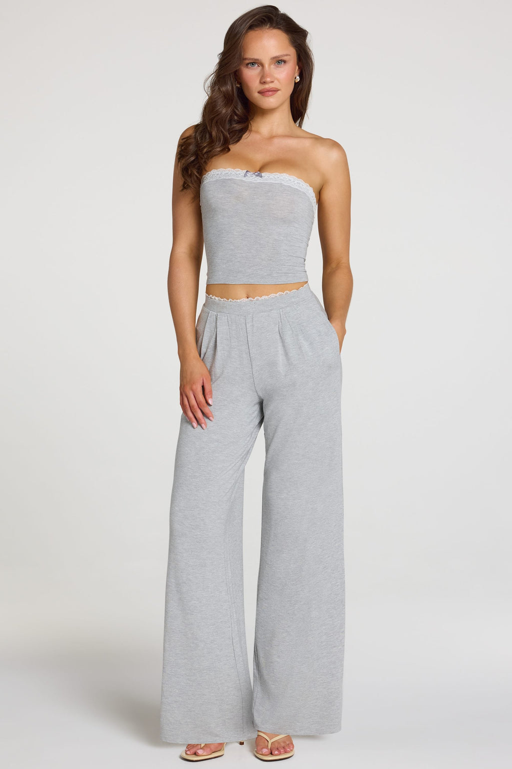 Chic Modal Mid-Rise Wide-Leg Trousers in Grey Marl