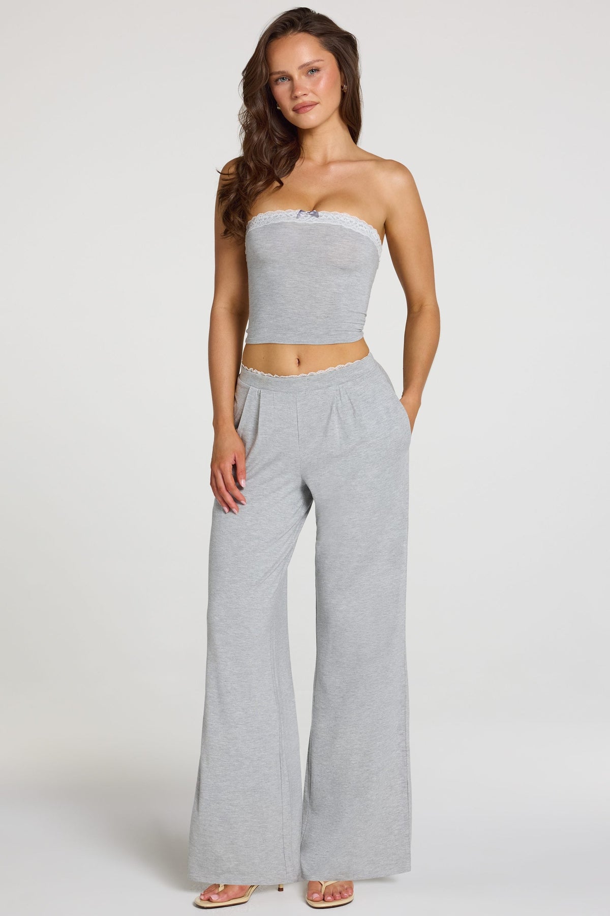 Chic Modal Mid-Rise Wide-Leg Trousers in Grey Marl