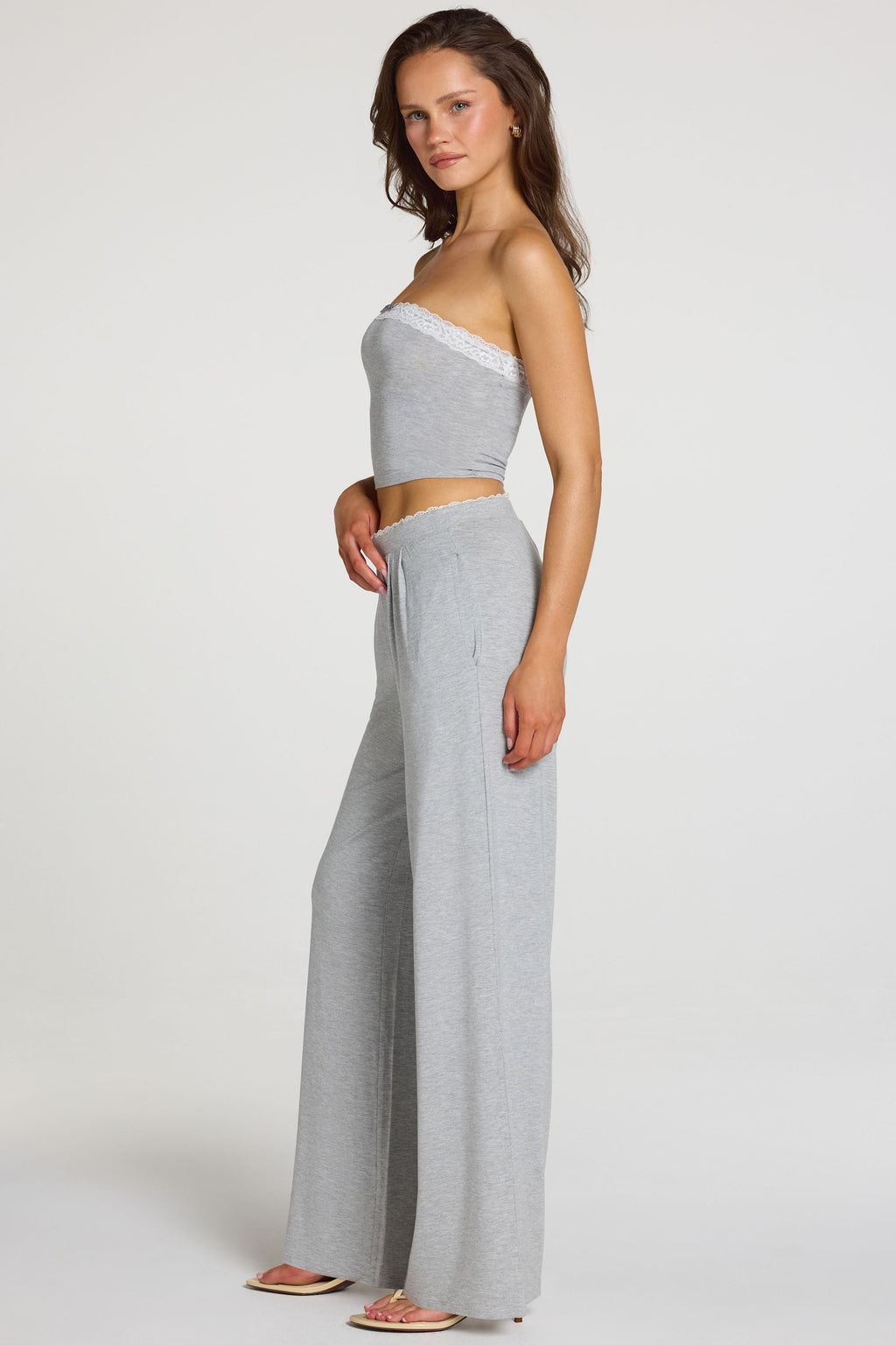Chic Modal Mid-Rise Wide-Leg Trousers in Grey Marl