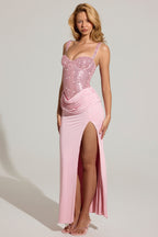 Chic Embellished Corset Maxi Dress in Blush Pink