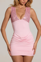 Chic Embellished Deep Plunge Mini Dress in Blush Pink