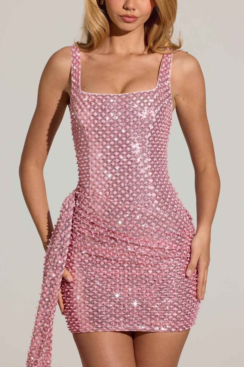 Chic Embellished Draped Mini Dress in Blush Pink