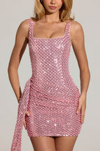 Chic Embellished Draped Mini Dress in Blush Pink