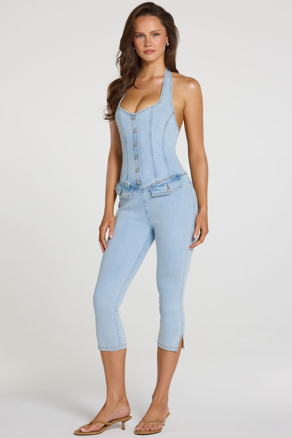 Chic Denim Capri Jumpsuit in Light Denim