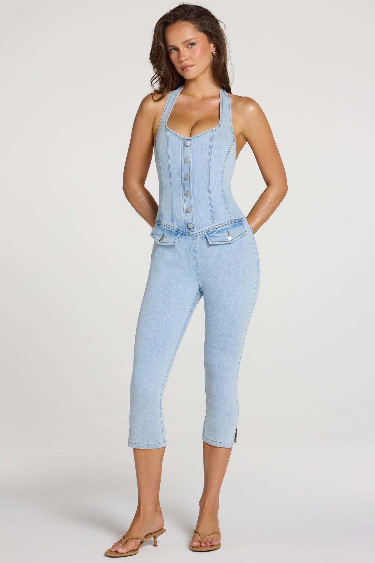 Chic Denim Capri Jumpsuit in Light Denim