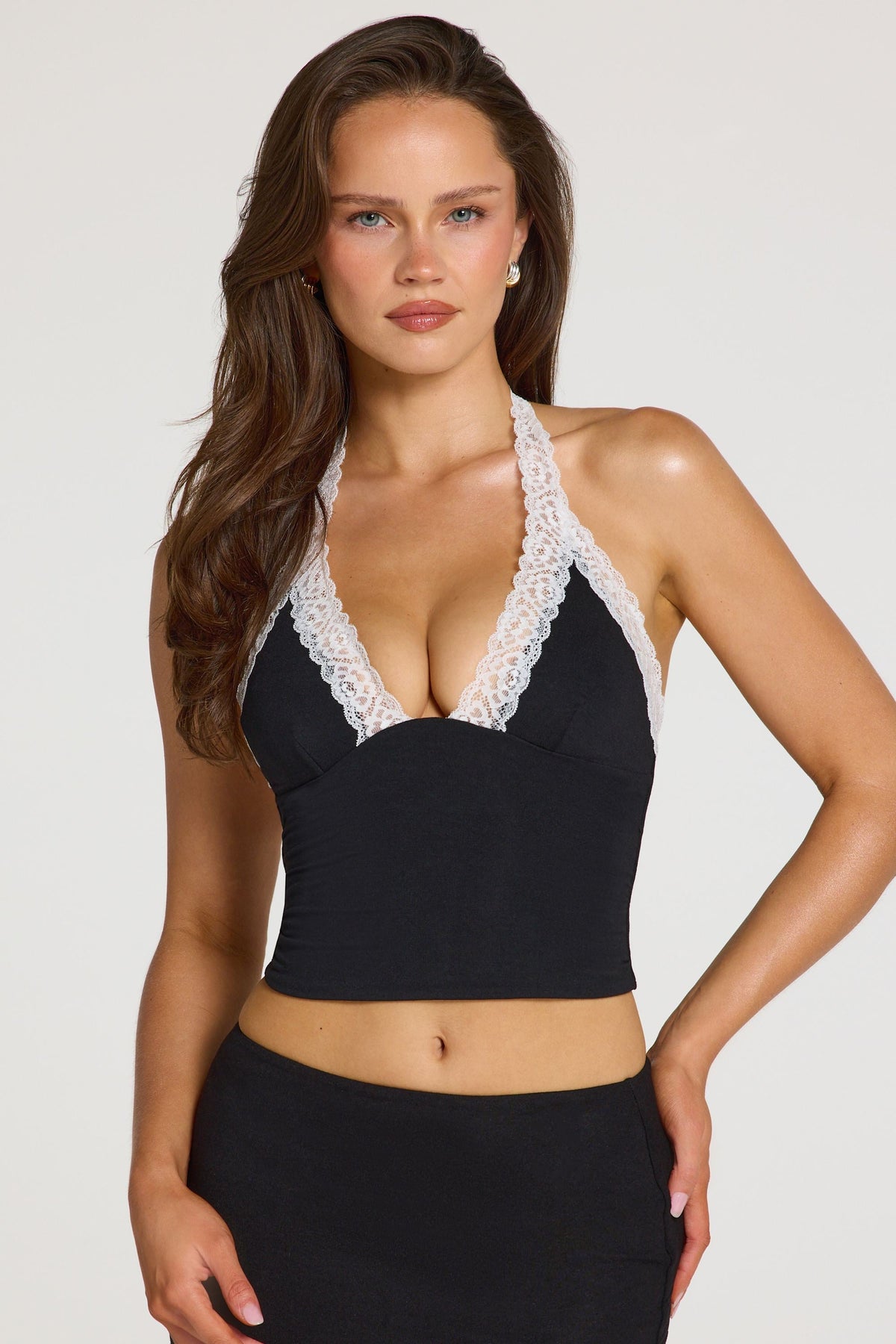 Chic Modal Lace-Trim Halterneck Top in Black