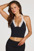 Chic Modal Lace-Trim Halterneck Top in Black