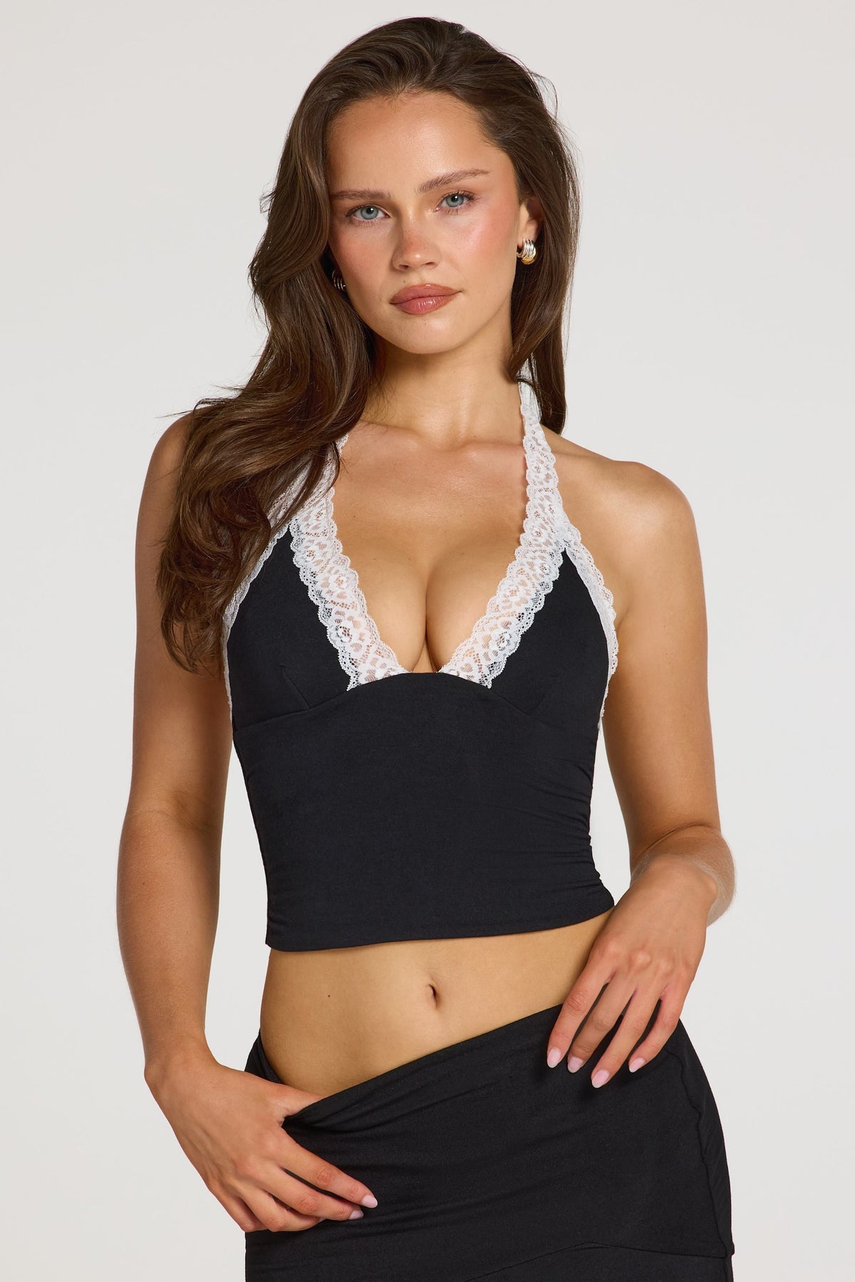 Chic Modal Lace-Trim Halterneck Top in Black