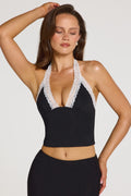Chic Modal Lace-Trim Halterneck Top in Black