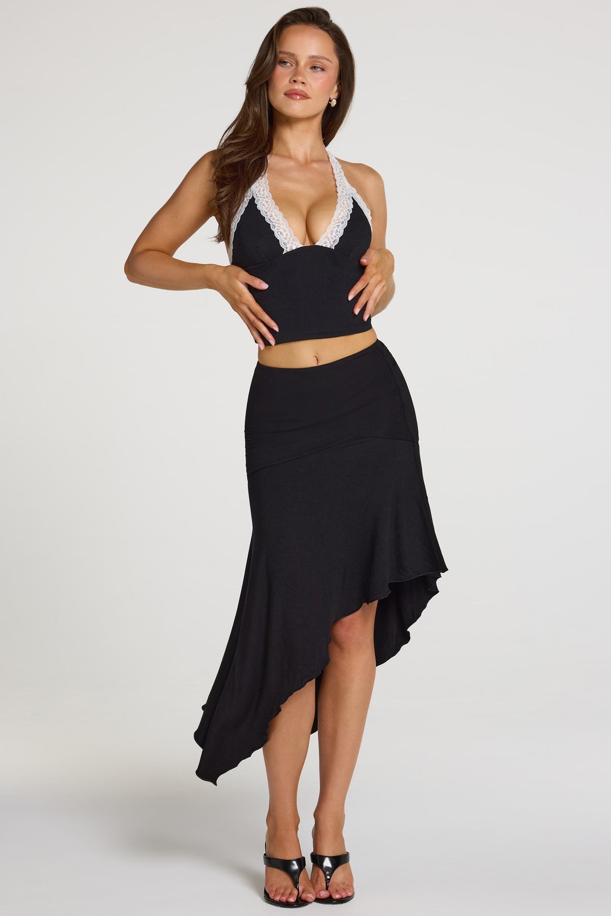Chic Modal Lace-Trim Halterneck Top in Black