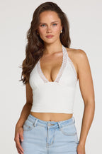 Chic Modal Lace-Trim Halterneck Top in White
