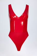 Chic Glossy Vinyl Plunge-Neck Bodysuit in Fire Red