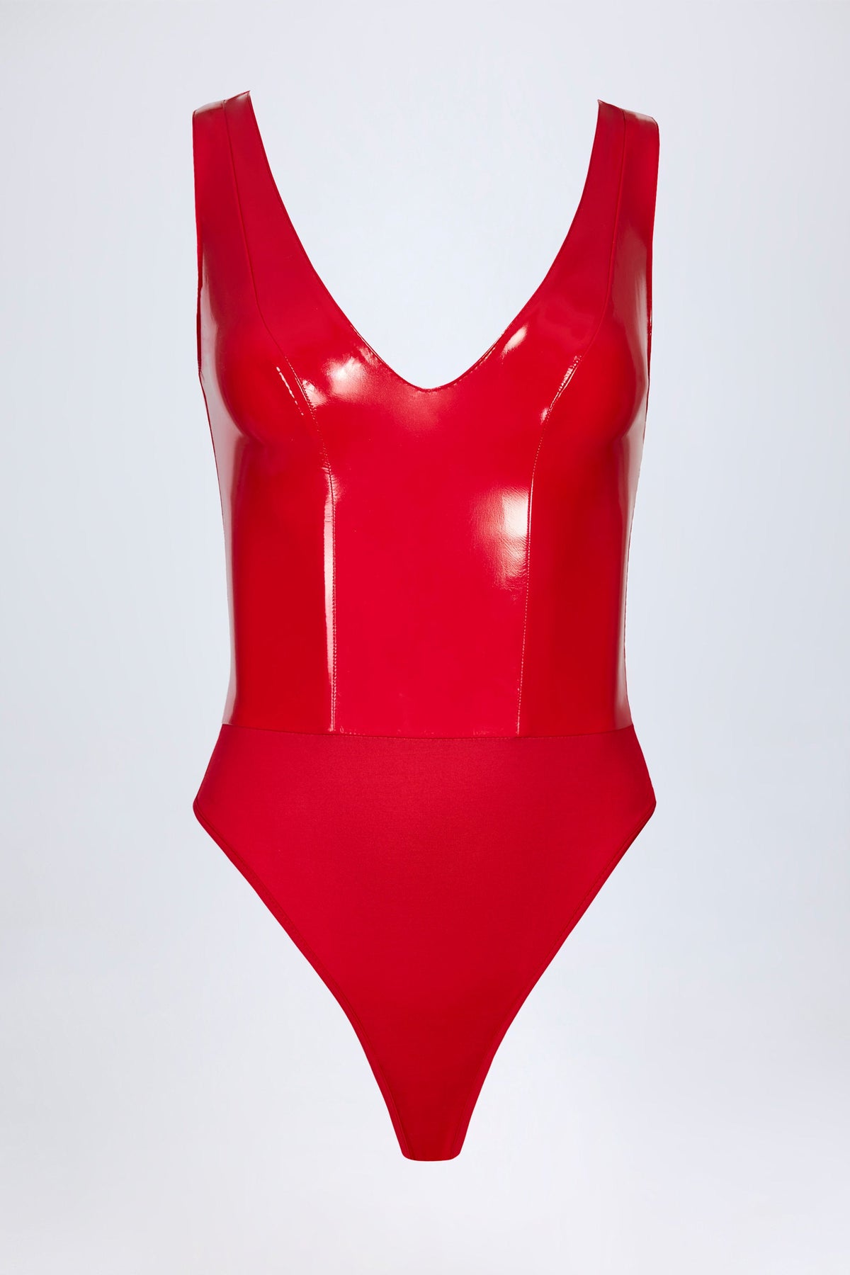 Chic Glossy Vinyl Plunge-Neck Bodysuit in Fire Red