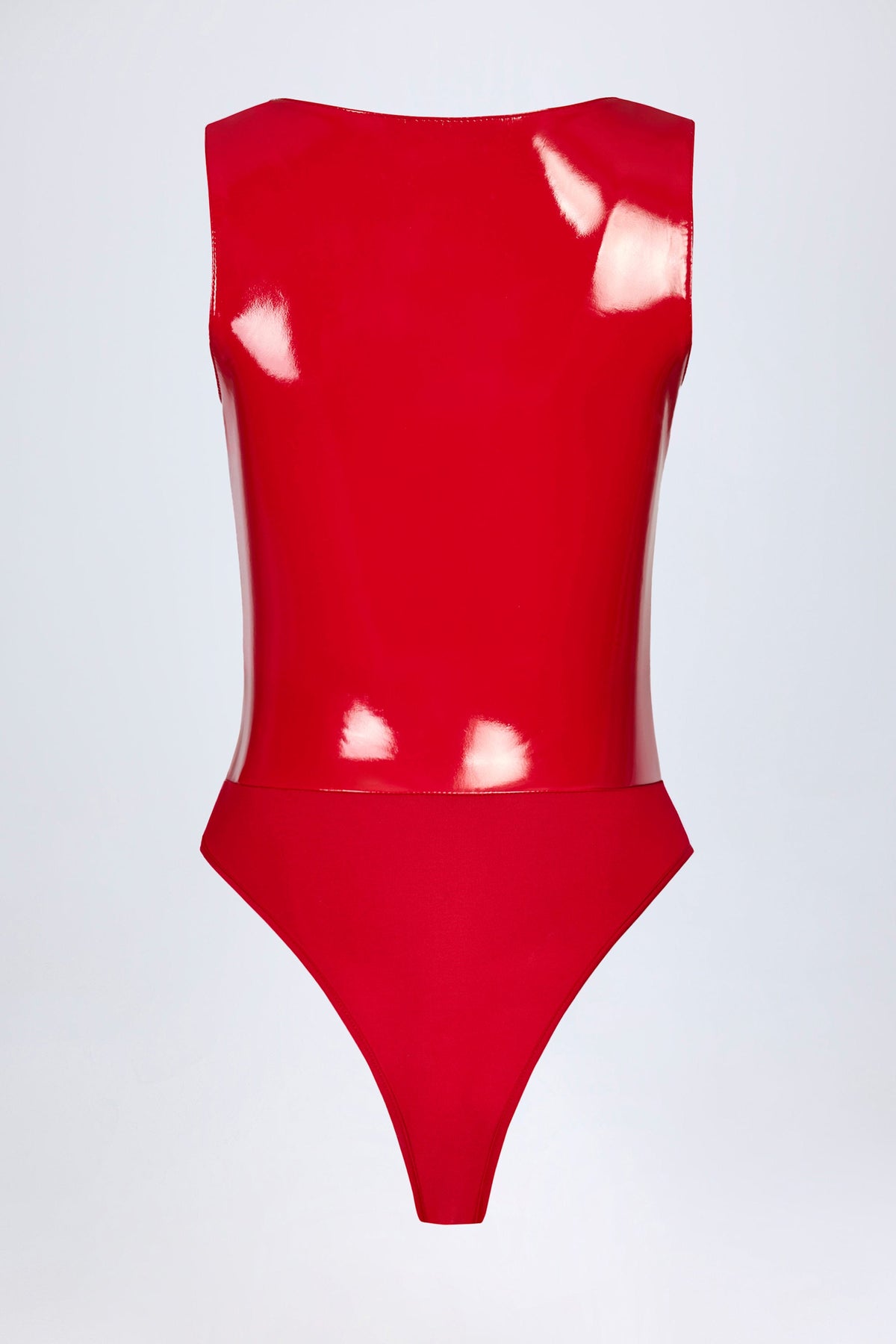 Chic Glossy Vinyl Plunge-Neck Bodysuit in Fire Red