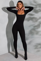 Chic Square Neck Long Sleeve Jumpsuit in Black
