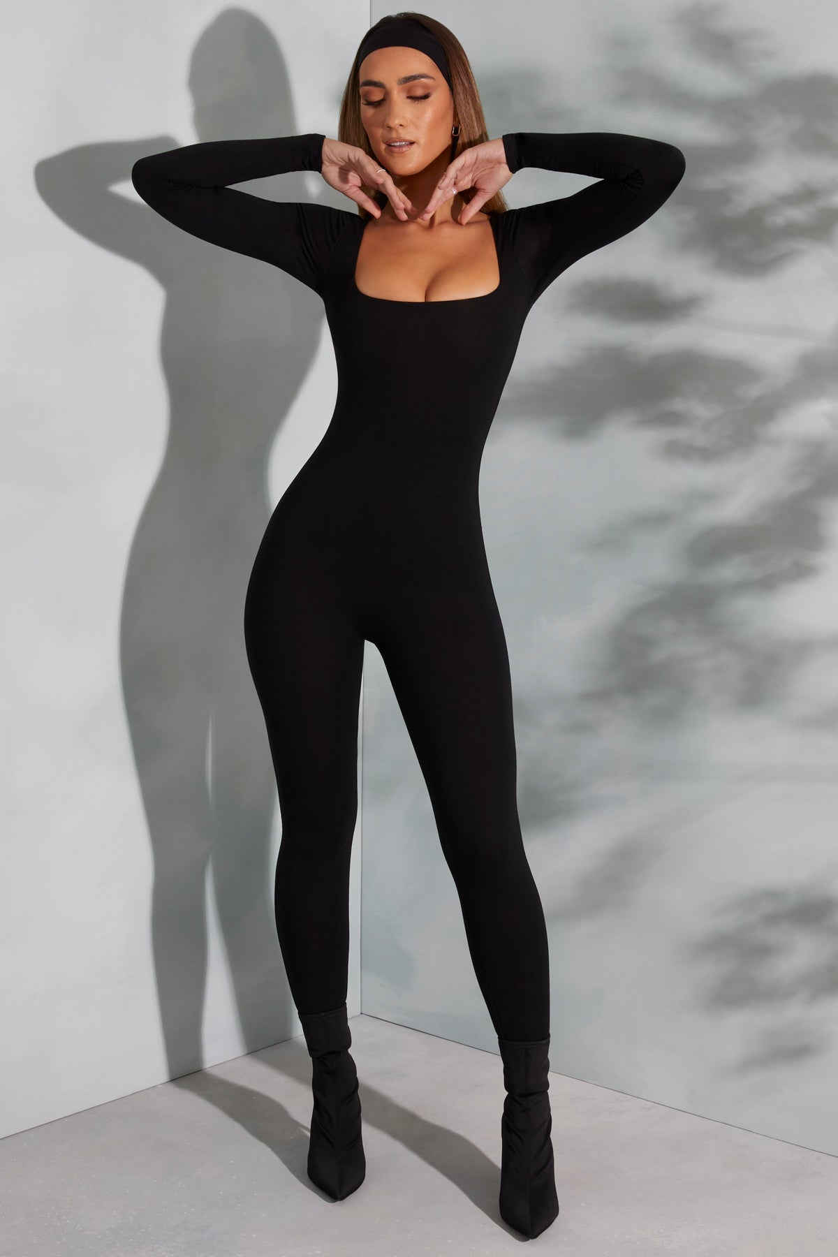 Chic Square Neck Long Sleeve Jumpsuit in Black