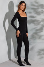 Chic Square Neck Long Sleeve Jumpsuit in Black