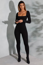 Chic Square Neck Long Sleeve Jumpsuit in Black