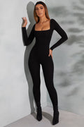 Chic Square Neck Long Sleeve Jumpsuit in Black