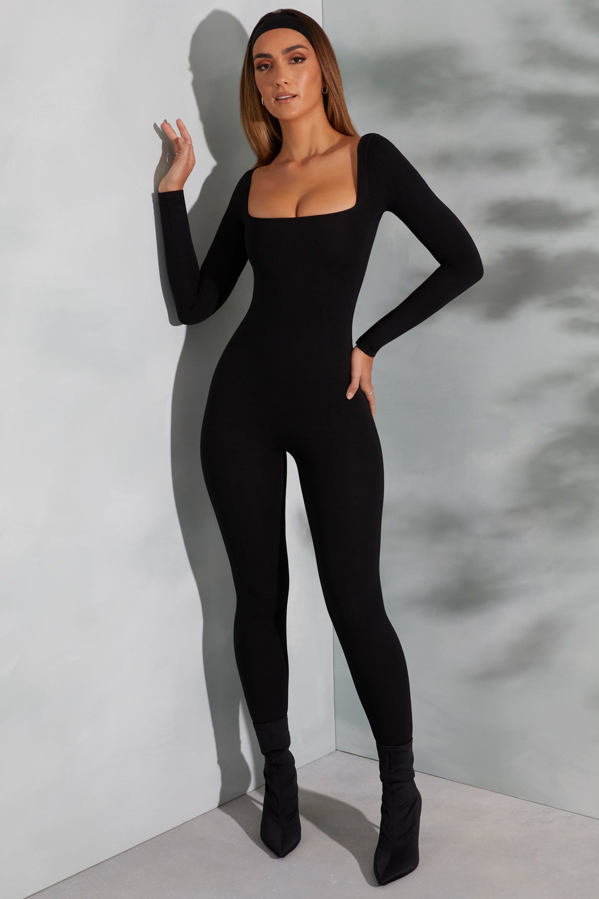 Chic Square Neck Long Sleeve Jumpsuit in Black