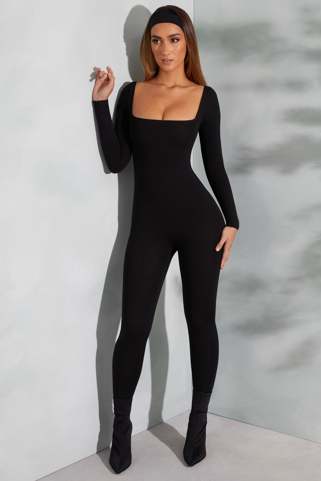 Chic Square Neck Long Sleeve Jumpsuit in Black