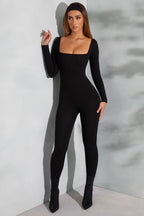 Chic Square Neck Long Sleeve Jumpsuit in Black