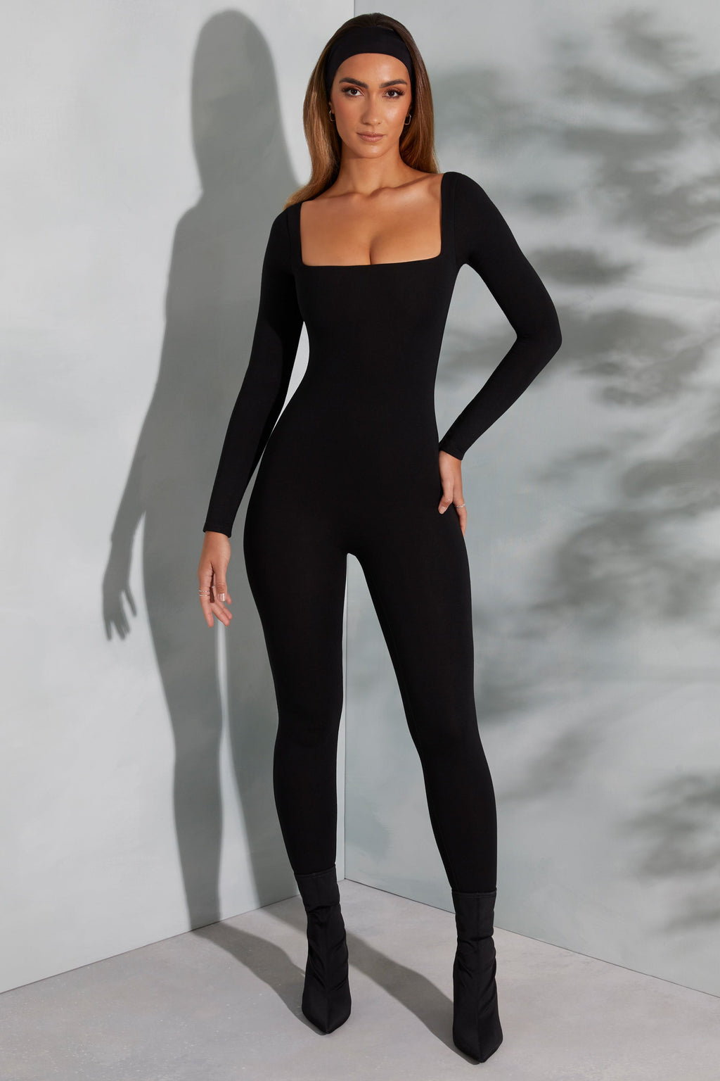 Chic Square Neck Long Sleeve Jumpsuit in Black