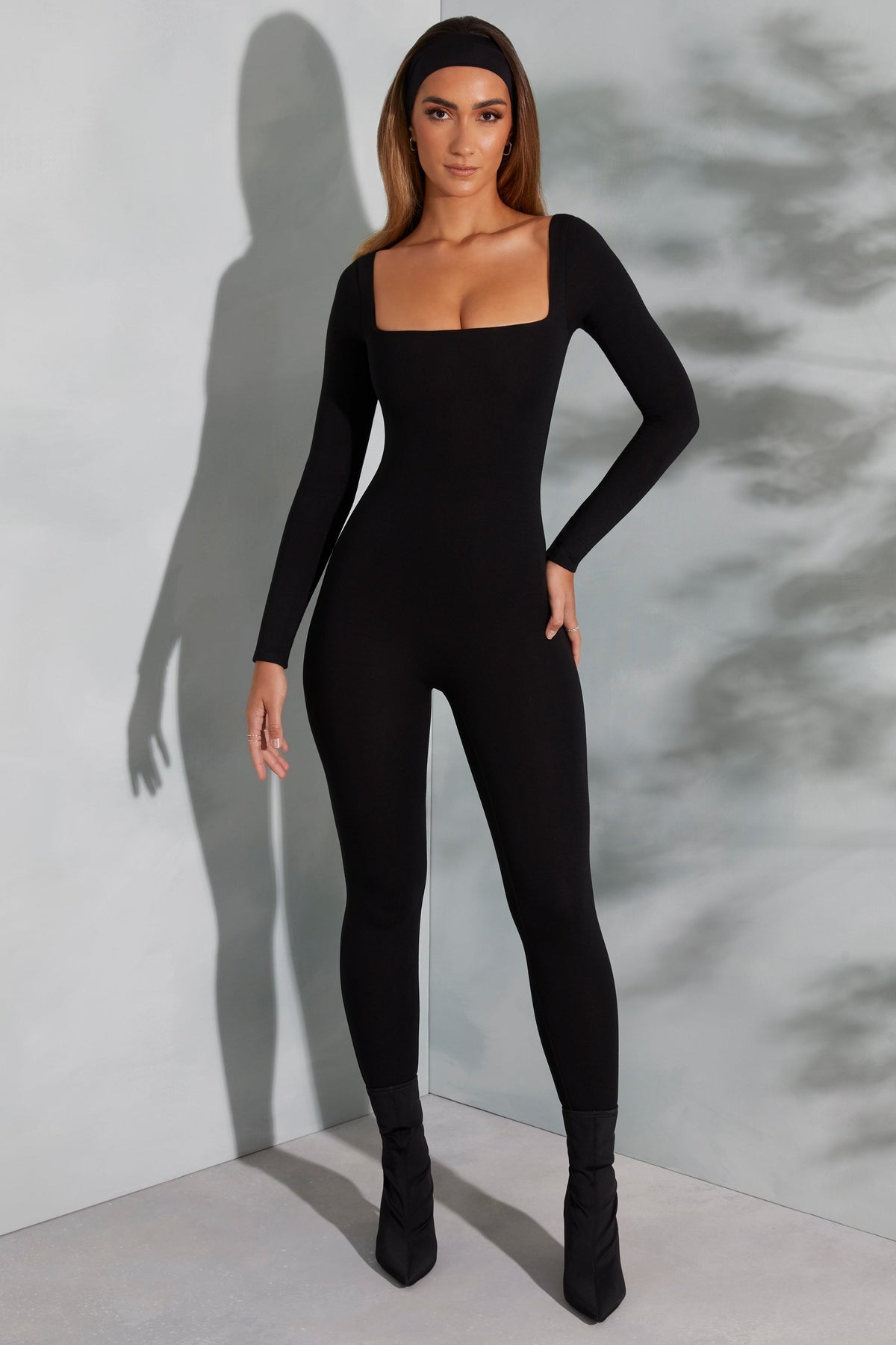 Chic Square Neck Long Sleeve Jumpsuit in Black