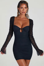 Chic Embellished Long Sleeve Mini Dress in Black