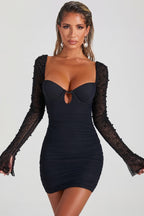 Chic Embellished Long Sleeve Mini Dress in Black