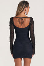 Chic Embellished Long Sleeve Mini Dress in Black