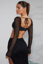 Chic Embellished Cowl Neck Crop Top in Black