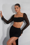Chic Embellished Cowl Neck Crop Top in Black