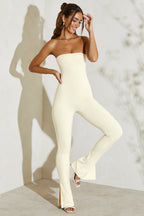 Chic Strapless Flared Hem Jumpsuit in Ivory