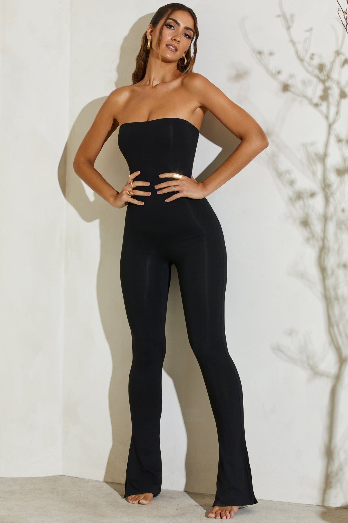 Chic Strapless Flared Hem Jumpsuit in Black