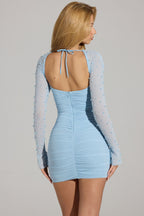 Chic Embellished Long Sleeve Mini Dress in Sky Blue