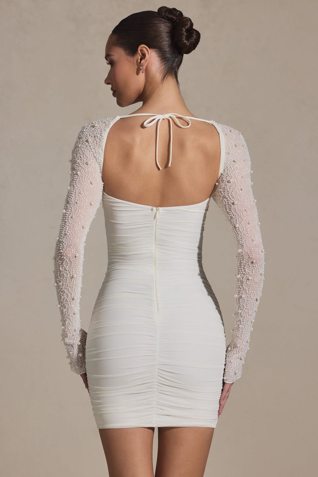 Chic Embellished Long-Sleeve Mini Dress in Snow