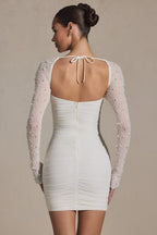 Chic Embellished Long-Sleeve Mini Dress in Snow