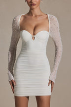 Chic Embellished Long-Sleeve Mini Dress in Snow