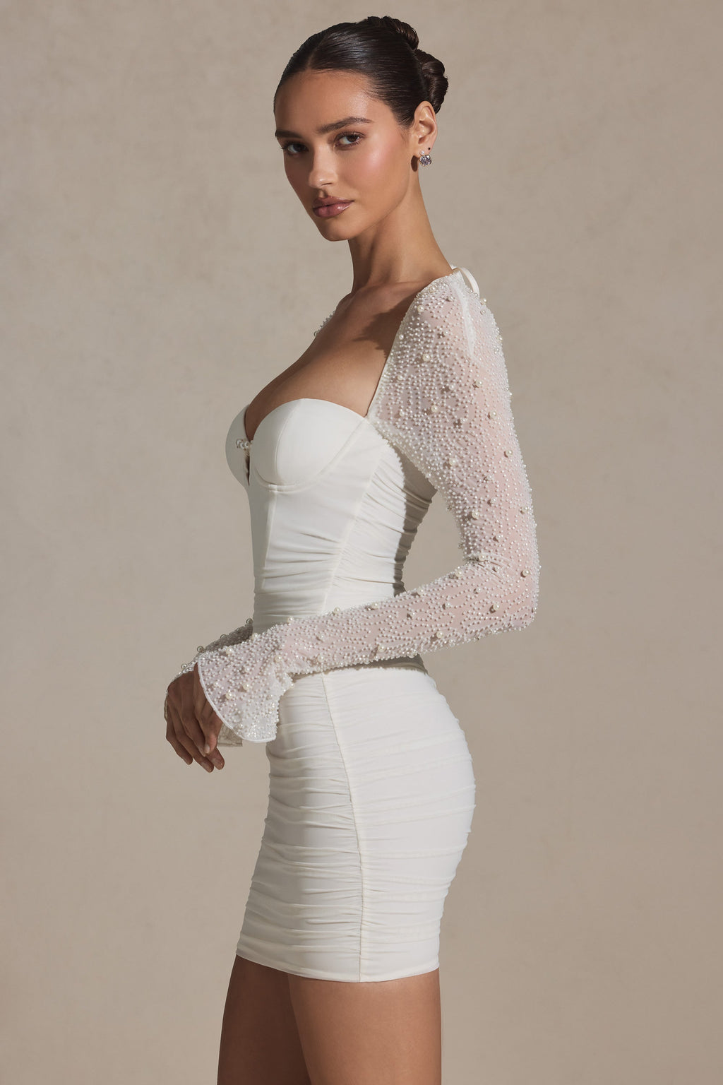 Chic Embellished Long-Sleeve Mini Dress in Snow
