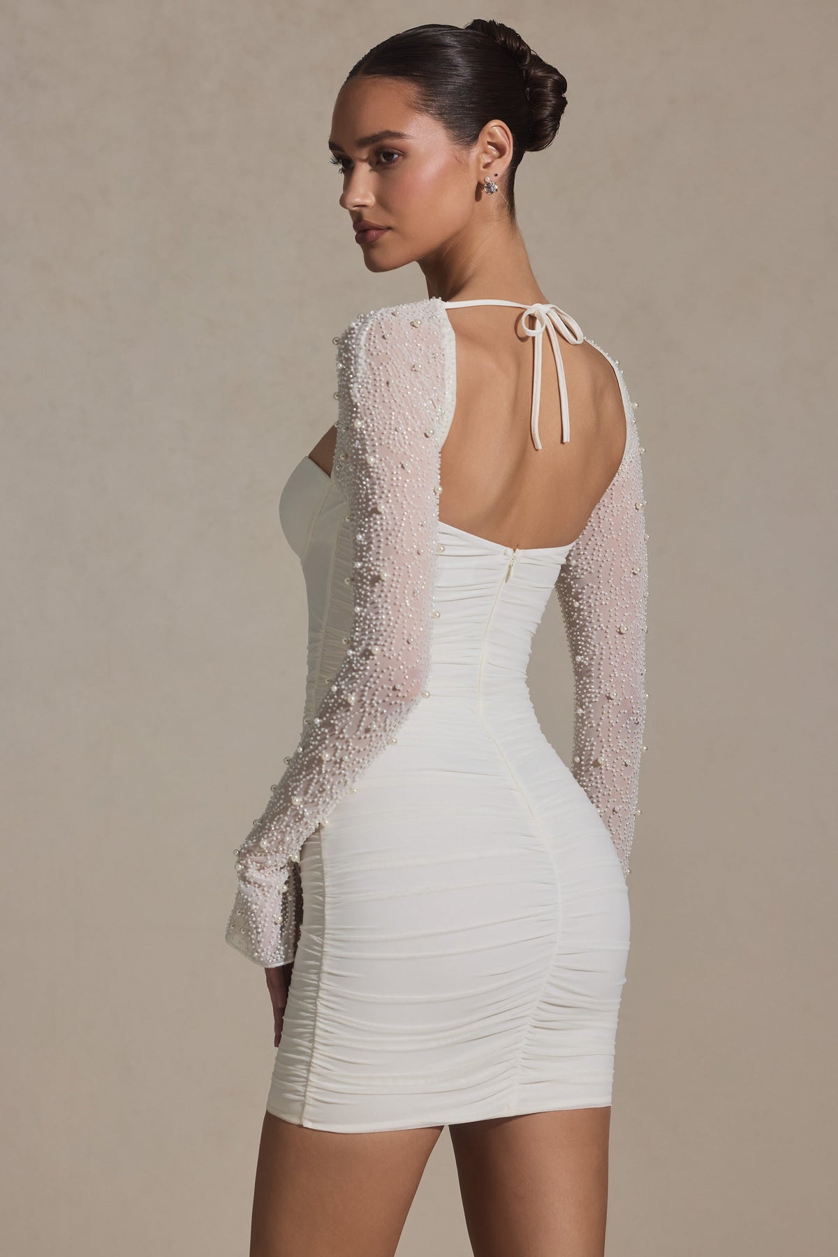 Chic Embellished Long-Sleeve Mini Dress in Snow